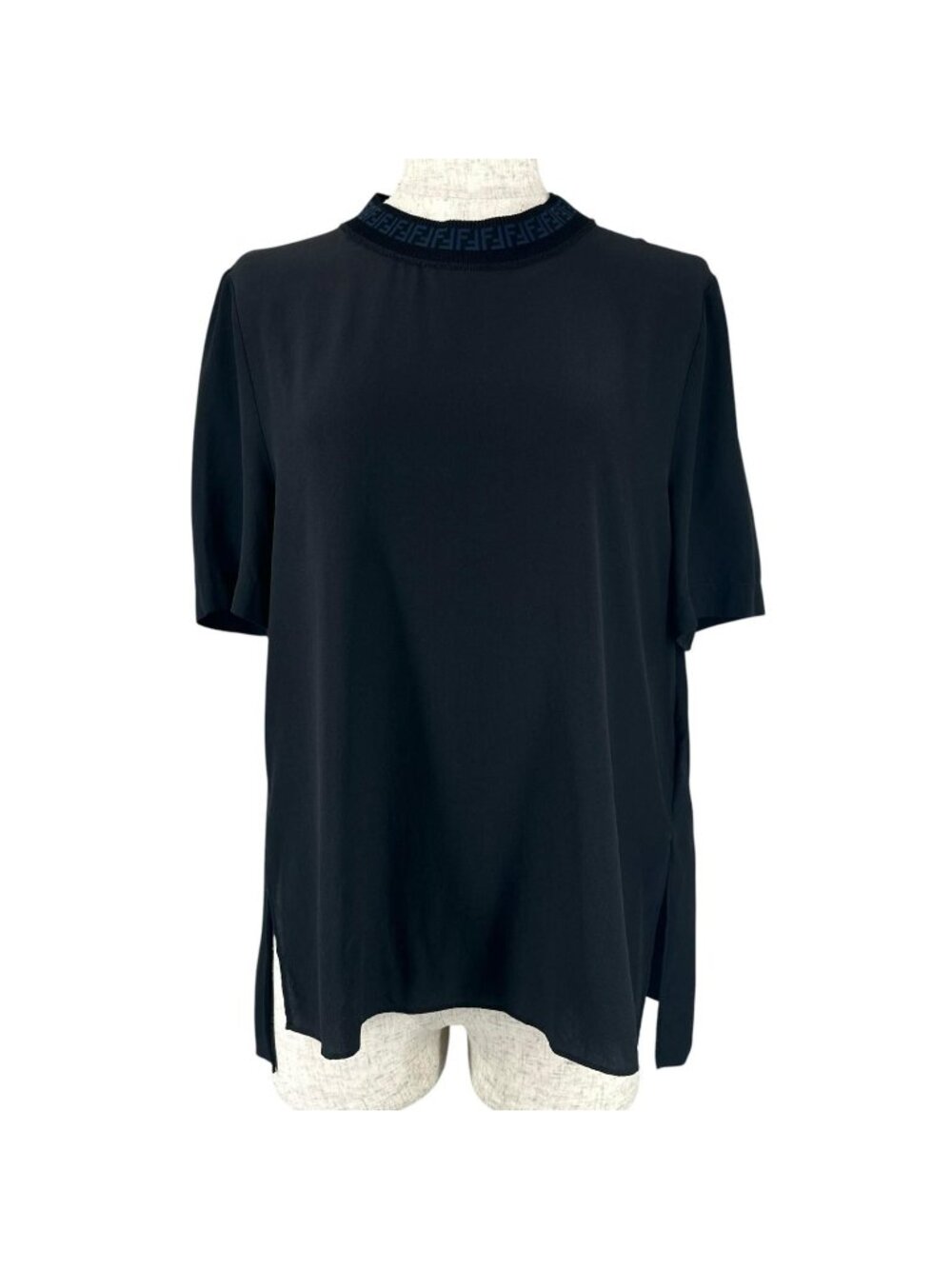 Fendi Silk 100% FF Logo Zucca Pattern Side Slit Top Black 38